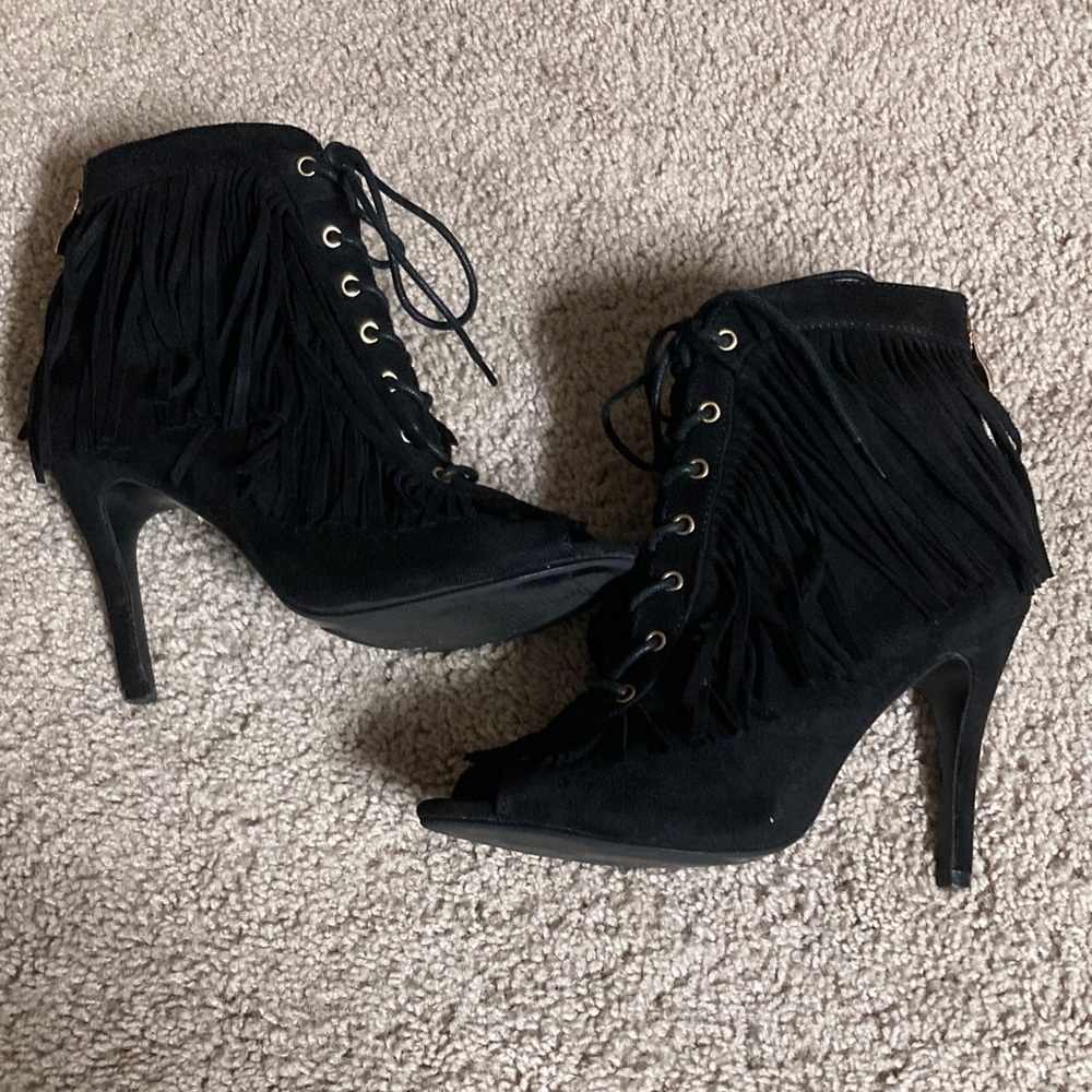 Elegant Black Fringe Lace-Up Heels